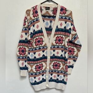 Vintage Multicolor Sz M Handknitted Open Button Patterned Cardigan Sweater